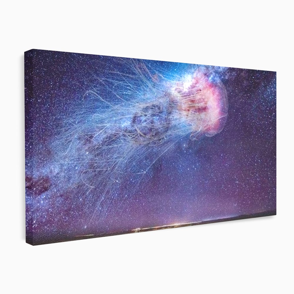 Tablou canvas cu ilustratie digitala cu meduza cosmica si stele, fara rama, pe sasiu de lemn